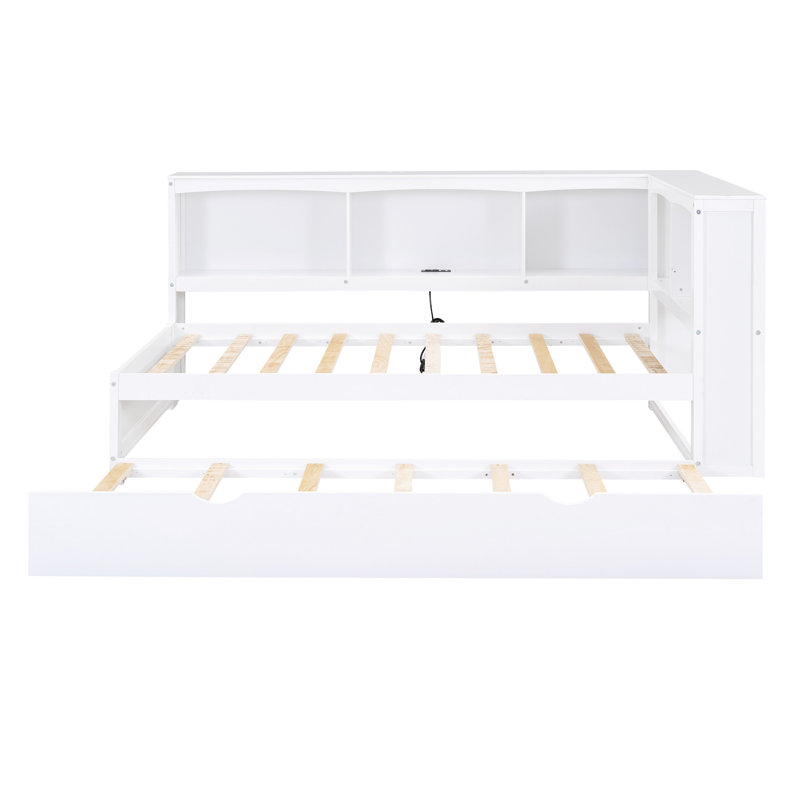 Lit de jour simple avec lit gigogne, armoires de rangement et ports USB, Blanc
