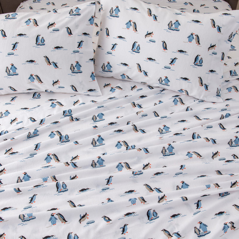 Gray Cotton Flannel Full Sheet Set with Polar Bear Print