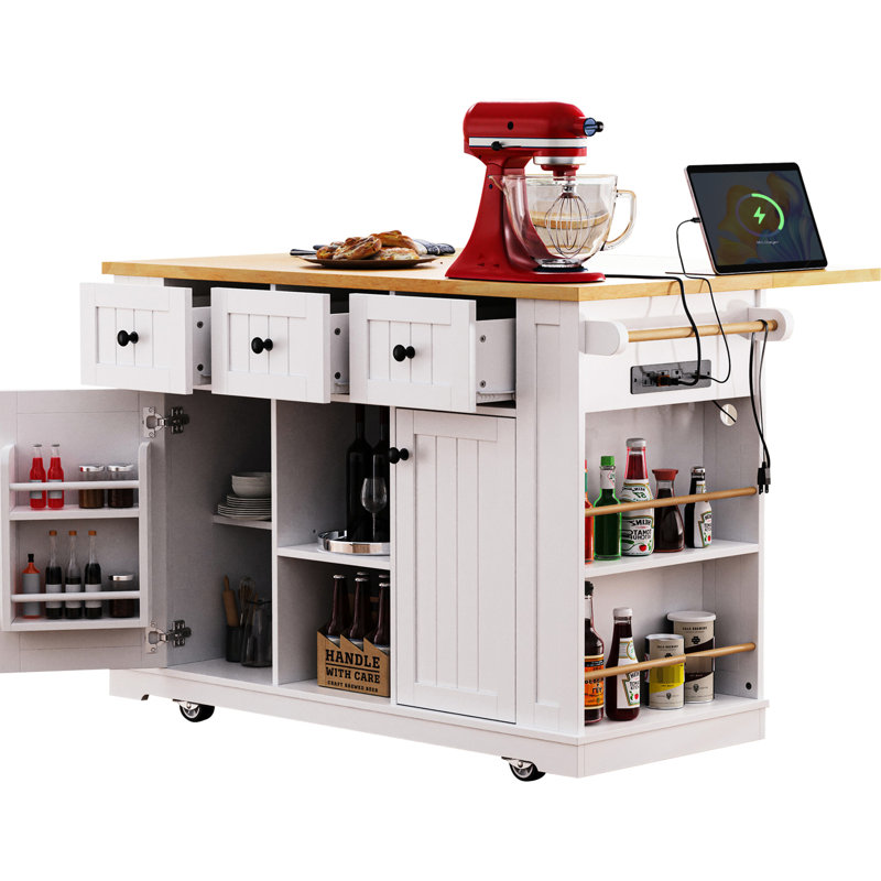 Îlot de cuisine de 53 pouces avec roulettes verrouillables, tablettes réglables et 2 tablettes latérales ouvertes pour plus de flexibilité