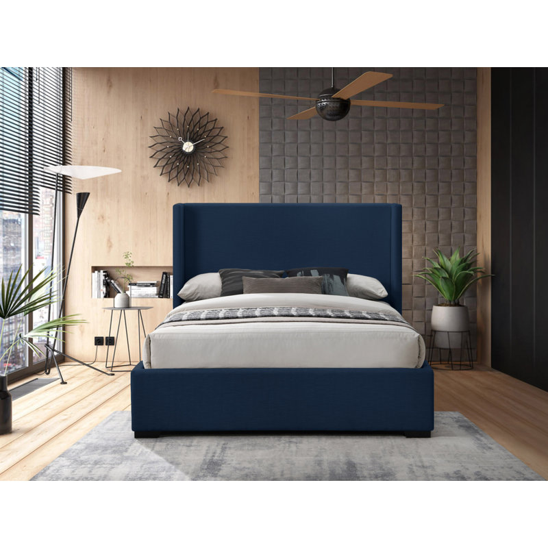 Oxford Tachani Upholstered Platform Bed, Navy Linen Textured Fabric, Queen