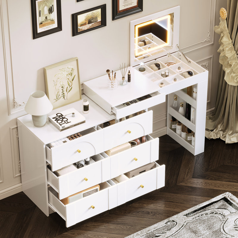 Bureau de meuble-lavabo avec miroir et lumières, plateau de table de maquillage blanc, 7 tiroirs, 9 compartiments, 3 tablettes, modes de couleurs réglables, aménagement convertible pour la chambre à coucher avec éclairage flexible à DEL