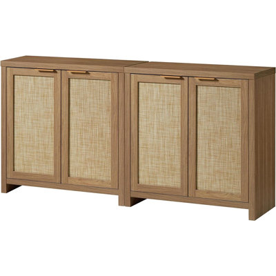 Ensemble de 2 armoires latérales à porte en rotin avec tablettes réglables, rangement pour la cuisine et le salon