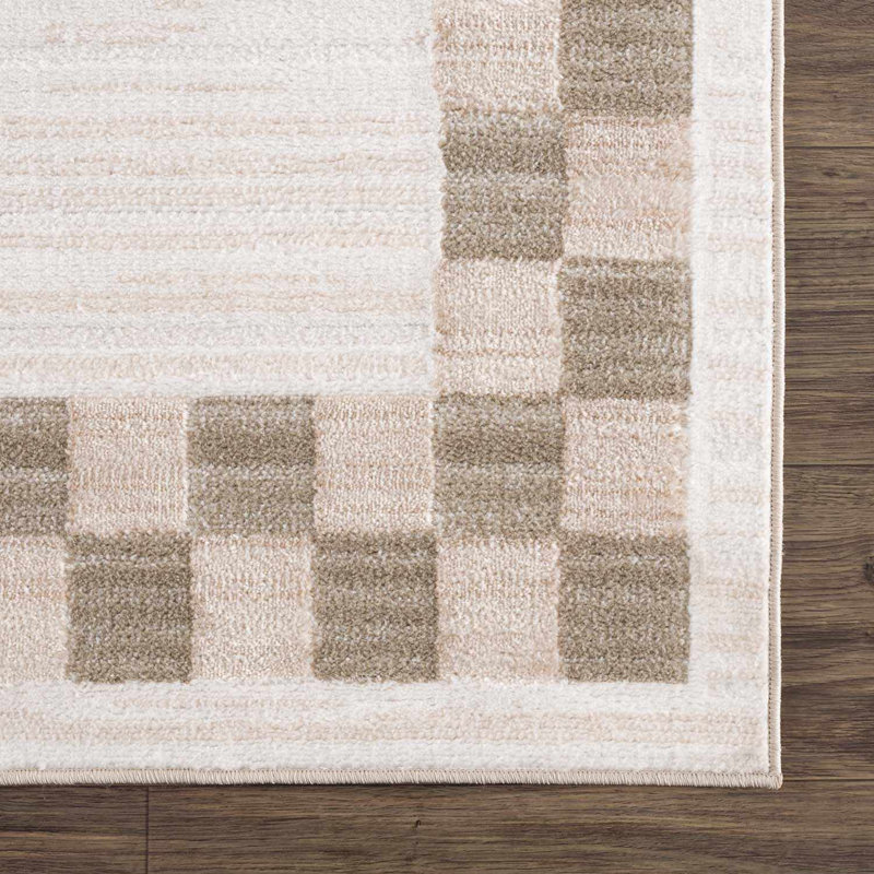 Bakersfield Machine Washable Modern Geometric Bordered Beige Area Rug, Rectangle 6'7" x 9'