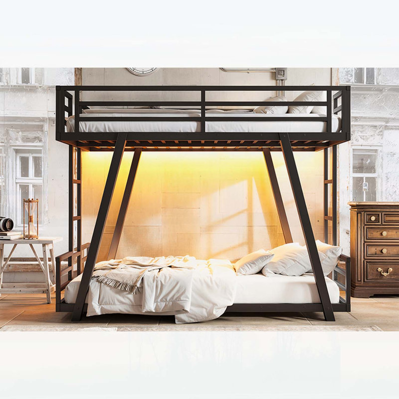 Lit superposé simple au-dessus de simple avec 2 échelles latérales, structure en métal, pieds de support spéciaux et lumière DEL, profil bas, noir