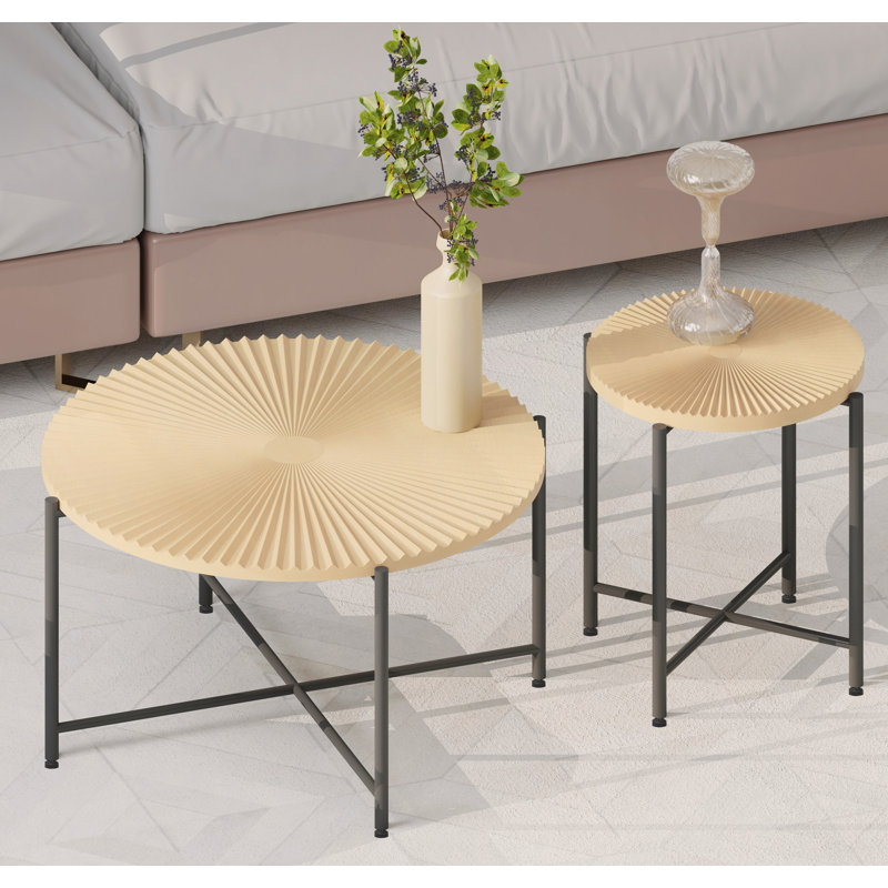 Ensemble de 2 tables basses et tables de bout, panneau de fibres à densité moyenne imperméable avec revêtement en PVC, conception cylindrique vieillie, pieds en métal noir, charme rustique classique