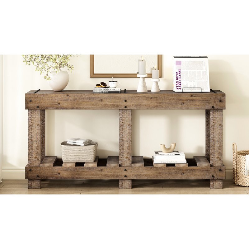 Vintage Style Entryway Table, Fir Wood, 6 Reinforced Legs, 4.5" Thick Desktop, Metal Embellishments, Hallway, Living Room, Storage Shelf Solid Strong Tabletop, Decorative Rivets, Space - Saving