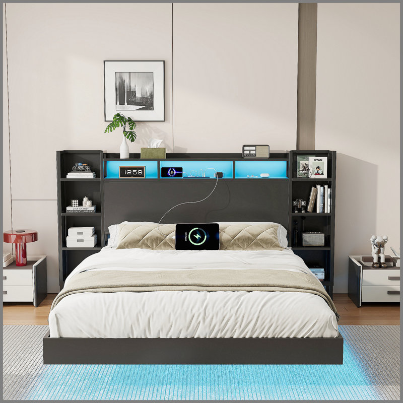 Cadre de lit flottant simple avec station de charge USB, tête de lit avec rangement et base de lit en métal robuste et robuste à DEL, sans sommier tapissier, noir