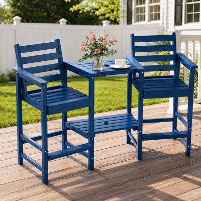 2-Piece Outdoor Tall Adirondack Chair Patio Bar Set with Double Connecting Trays, All Weather HDPE Material