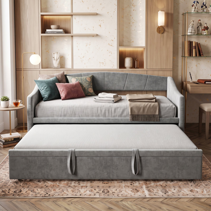 UK&EU 3-in-1 Velvet Extendable Daybed with Pop-Up Trundle, Upholstered Sofa Bed Frame, Beige & Grey, 90x190/200cm, Grey