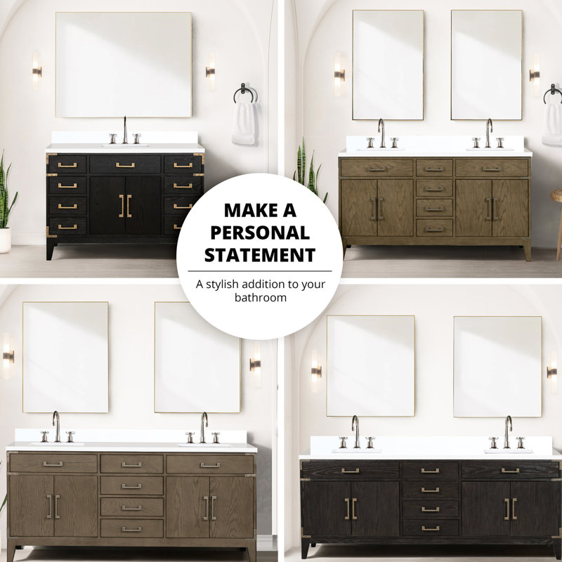 84 po Double vasque de salle de bain en chêne gris avec plateau en marbre - structure en bois massif, conception à fermeture douce, deux armoires, quatre tiroirs et tablette ouverte pour un espace de rangement généreux, comptoir poli à la main, pré-percé