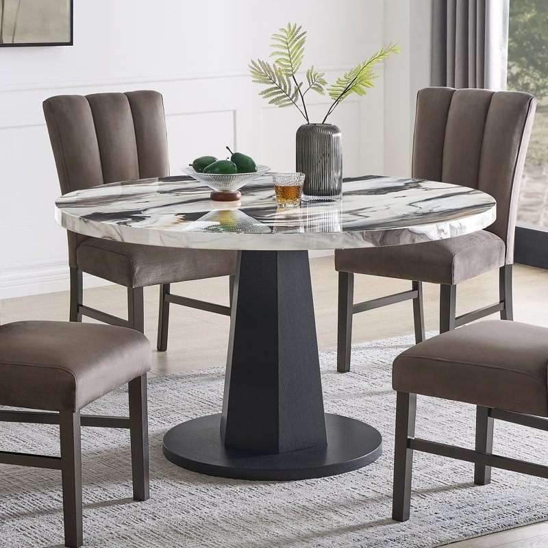 Table de salle à manger ronde en faux marbre avec base piédestal en bois rond blanc Cavira, Blanc