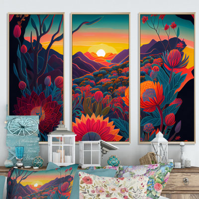 Fleurs colorées pendant l'heure dorée II - Fleurs colorées pendant l'heure dorée II - 3 pièces sur toile