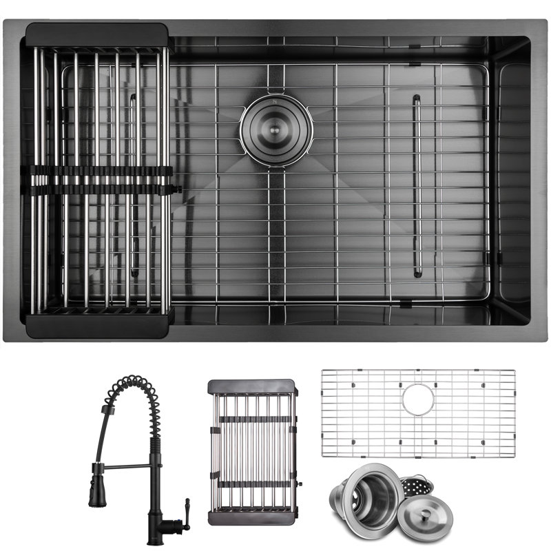 Undermount 32-in x 19-in Gunmetal Matte Black Stainless Steel Single Bowl Kitchen Sink with Faucet, Commercial Coil Faucet