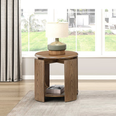 Table de bout ronde brune avec tablette de rangement ouverte pour le salon | Idée de cadeau