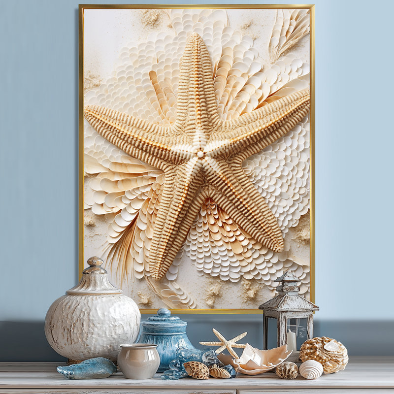 Étoile de mer minimalisme beige et or I, Cadre flottant doré, H 32 po x l 16 po x P 1 po