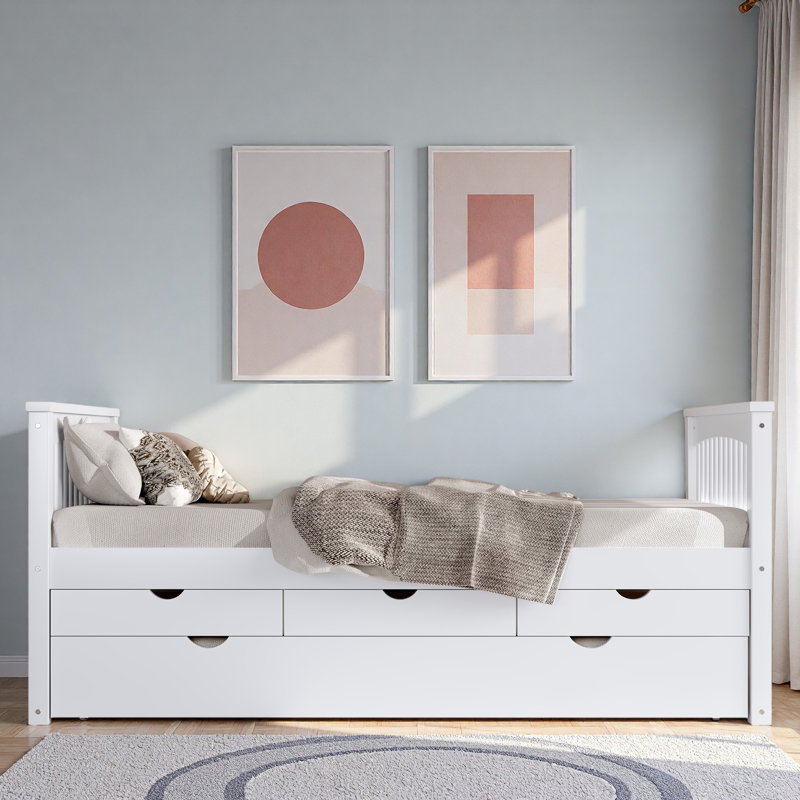 Lit plateforme avec 3 tiroirs et lit gigogne, Blanc
