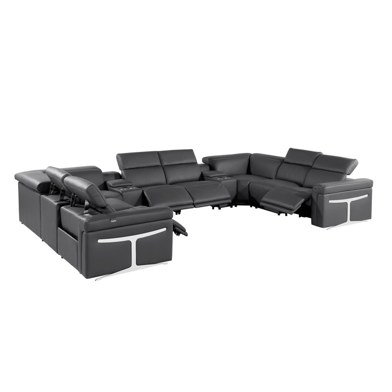 Stanwinn 10 – Piece 4 Power Reclining Top Grain Italian Leather Sectional with Power Headrest, Dark Gray Genuine Leather