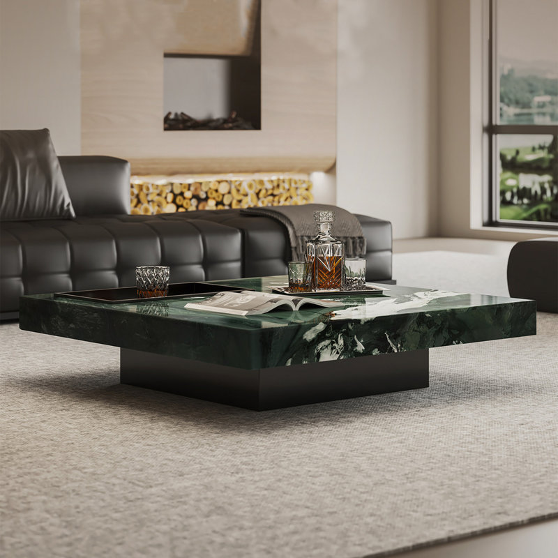 Luxury-Style Square Marble Coffee Table, 11.8" H x 43.3" W x 43.3" D