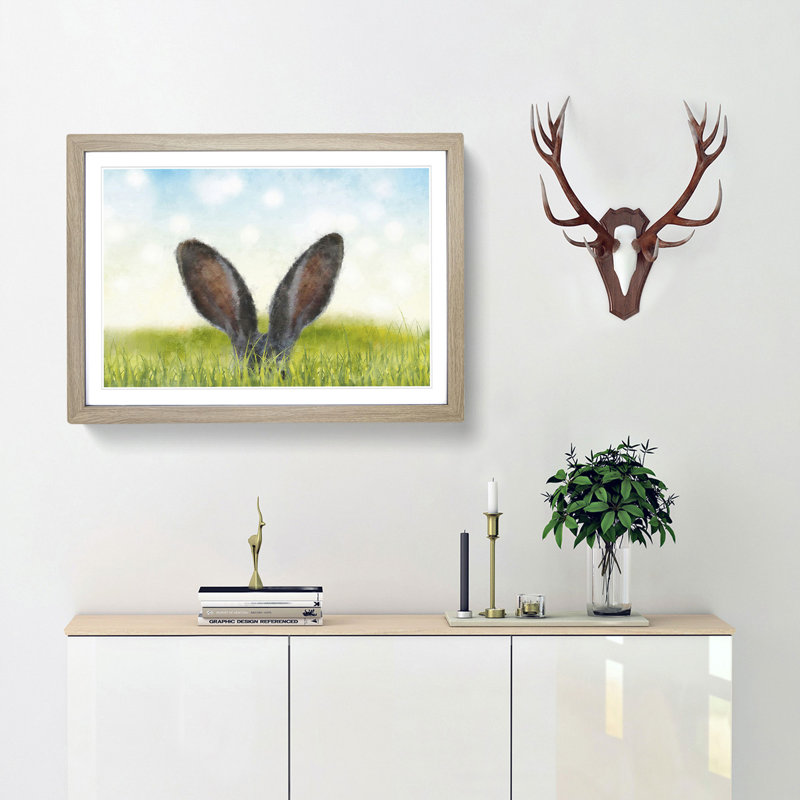 Ears of a Hare in the Grass - Picture Frame Graphic Art Print, 33cm H x 45cm W x 2cm D, Oak Framed