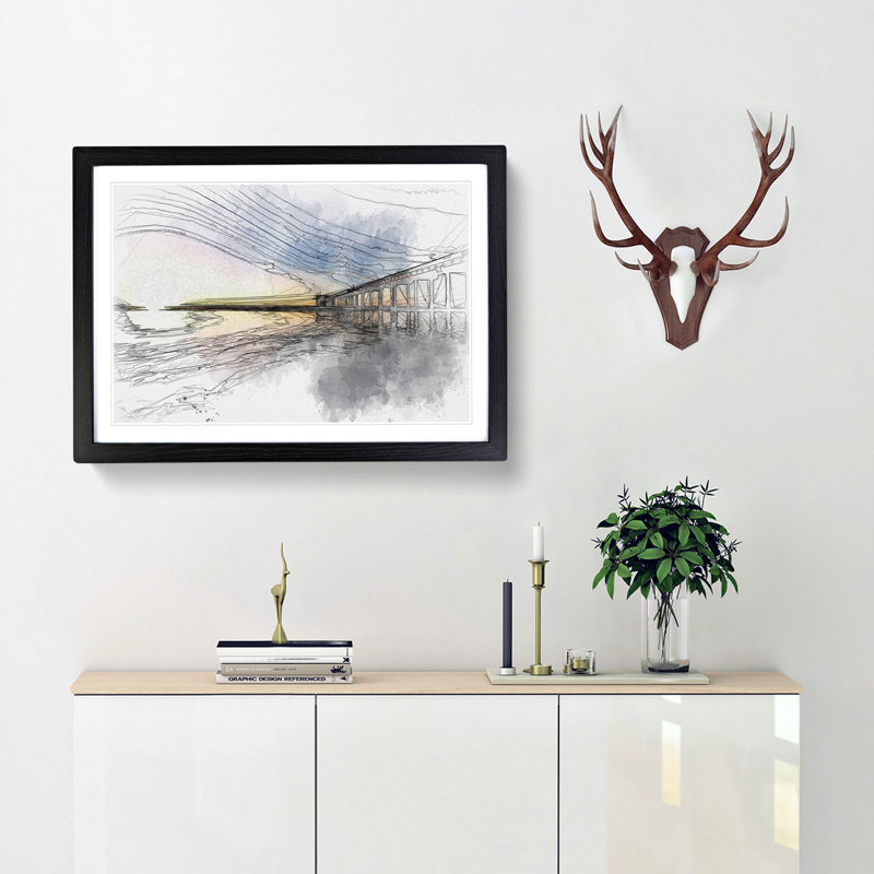Pier in San Diego Sketch - Picture Frame Graphic Art Print, 62cm H x 87cm W x 2cm D, Black Framed