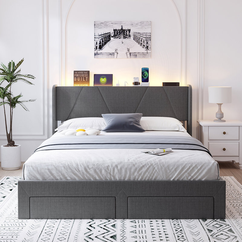 Storage Bed with Modern Platform, Built-In USB Charging & LED Lighting with RGB Options, Queen, Dark Gray