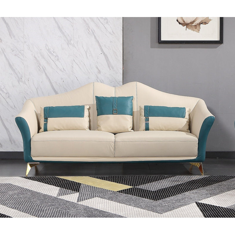 Sofa, White/Blue Genuine Leather