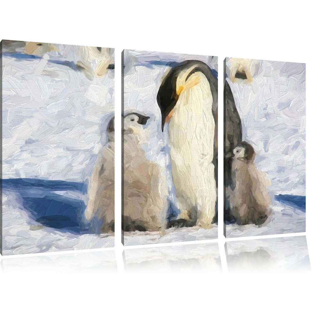 3-tlg. Leinwandbilder-Set „Pinguinfamilie im Schnee“, Kunstdruck