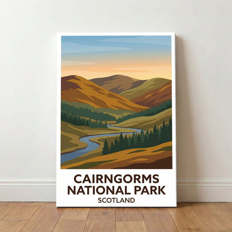 Cairngorms National Park, Scotland - Romantic Highlands Travel Poster of Rivers and Glens. Giclee Print on Wrapped Canvas. Wall Art, Home Decor - Regions & Scenic Areas, Scotland 1 Piece Wrapped Canvas Wall Art