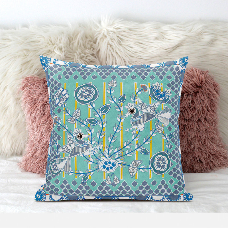  Housse et insert de coussin carré Pond Peacock, 16 po x 16 po, Turquoise pâle / blanc