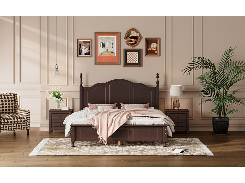 Structure de lit plateforme en bois grand format, lit plateforme de style rétro avec support en lattes de bois, noyer foncé