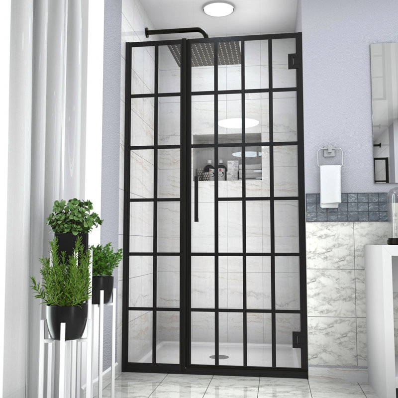 Shower Door 34" W X 72" H Pivot Frameless Shower Door With Pattern Glass, Open Entry Design In Matte Black