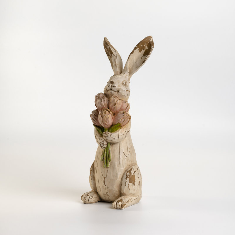 Figurine lapin en résine patiné 11 "avec tulipes pour Pâques et printemps