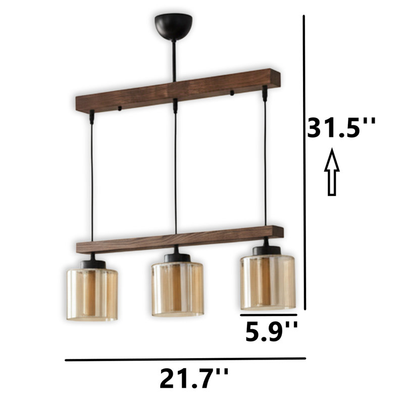 Luminaire suspendu linéaire en bois avec abat-jour en verre à hauteur réglable 3 lumières Larkspur, Brun