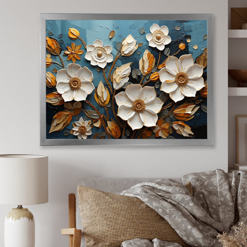 «White and Gold Charming Spring Flower Elegance IV», art mural fleurs, Cadre d'angle fermé blanc, H 12 po x l 20 po x P 1 po