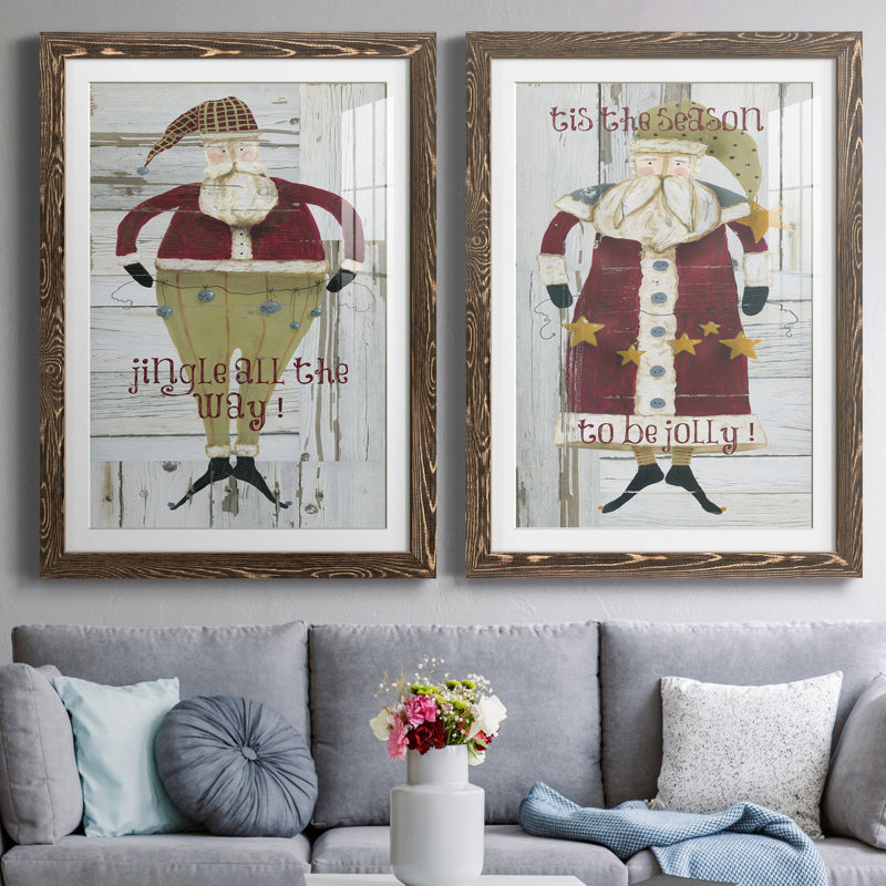 Jingle Santa - ensemble de 2 reproductions, H 31,5 po x l 47 po x P 1,5 po, Papier, cadre noyer, Blanc