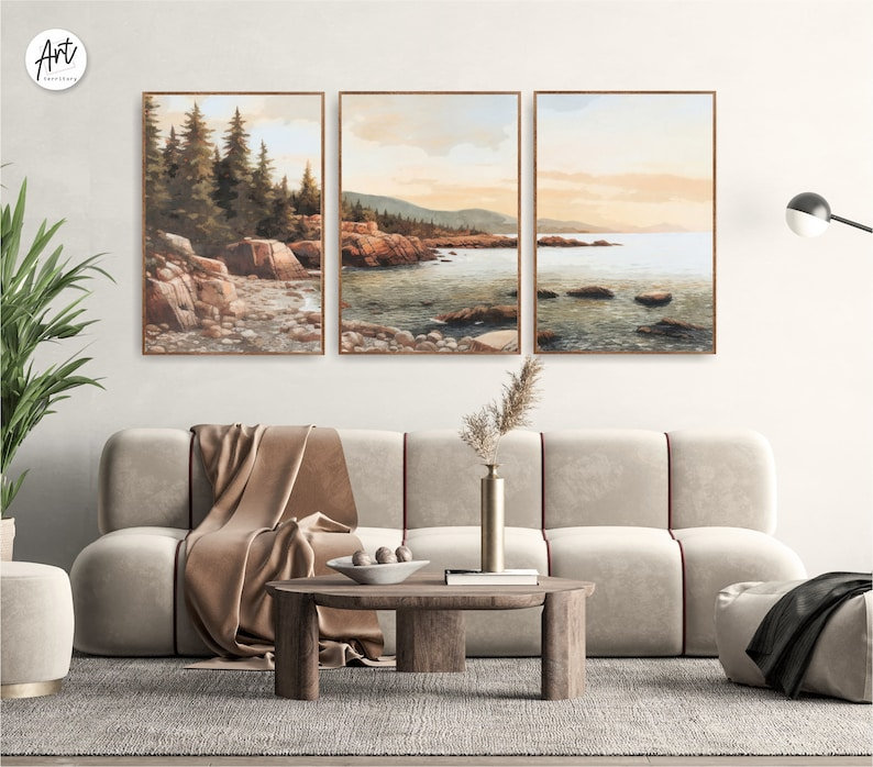 «Acadia National Park», ensemble de 3 reproductions d'art à l'aquarelle, H 40 po x l 90 po x P 1,5 po, Toile tendue