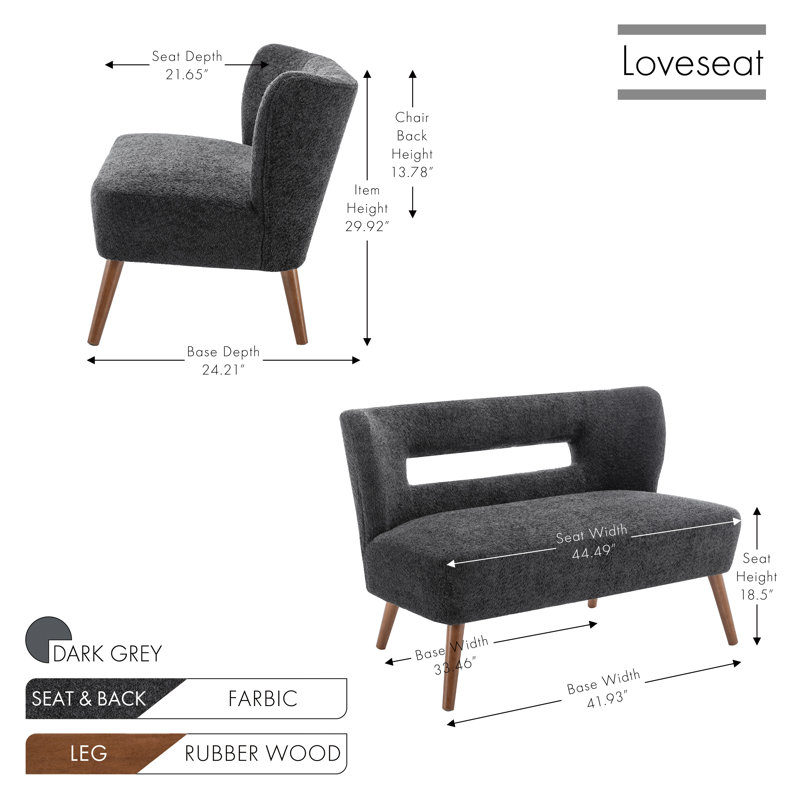 Ashyia 45.47'' Loveseat with Rubberwood Legs, Dark Gray