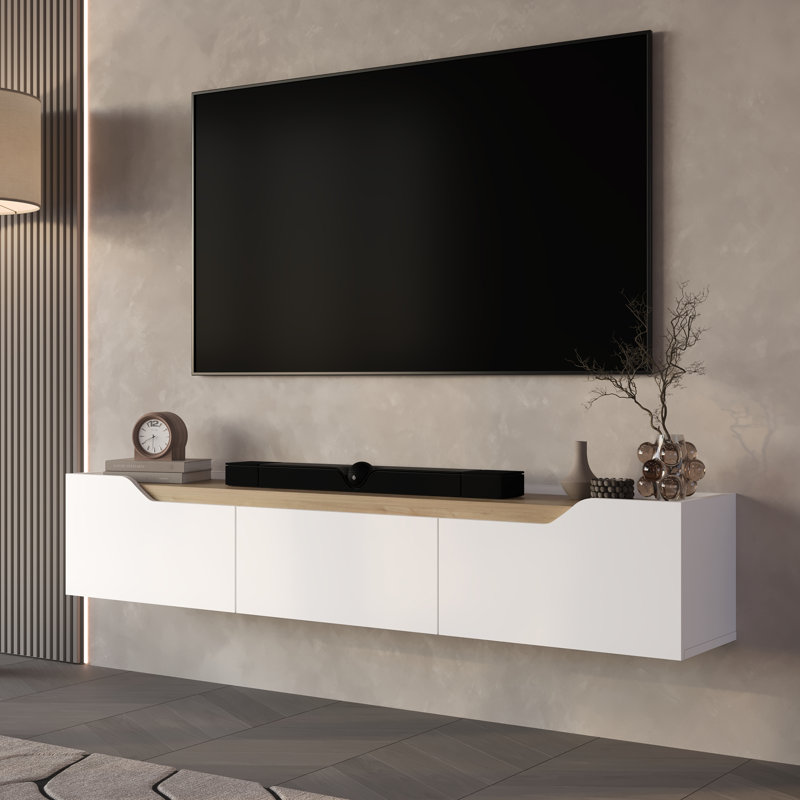 Meuble télé flottant avec 3 armoires Newa, Blanc / Chêne