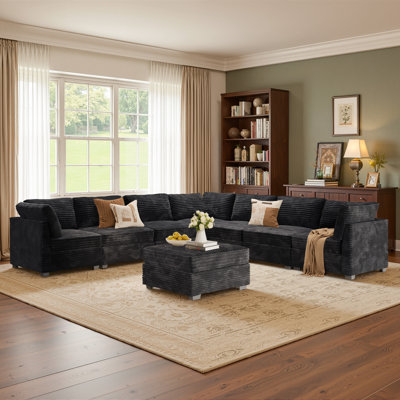 Hogle Modern Modular L-Shaped Sectional Plush Corduroy Sofa With Movable Ottoman, Wide Deep Seats For Living Room by Wrought Studio