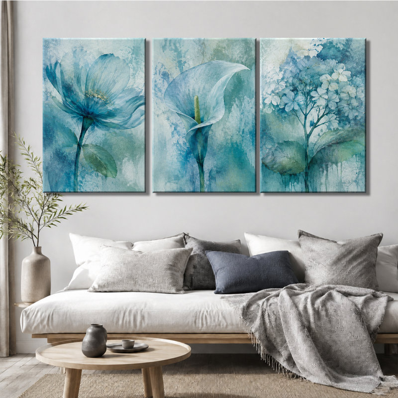3 panneaux muraux, aquarelle bleue, lis de Calla et impression sur toile à motif floral, 16 * 24 pouces * 3