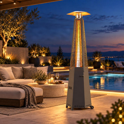 48,000 BTU Pyramid Propane Patio Heater with Wheels, Stainless Steel Outdoor Heater with Glass Tube & Protective Cover for Patio, Poolside, Garden