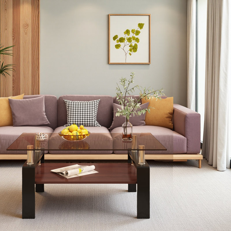 Rectangle Coffee Table, Tempered Glass Tabletop With MDF Layer, Brown, Black