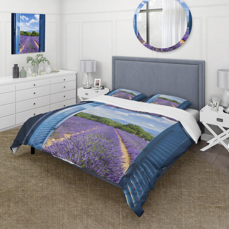 Lavender Field Through Blue Open Cottage Window - Farmhouse Duvet Cover Set - Microfiber Polyester