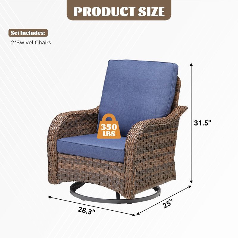 Gustave Outdoor Swivel Glider Patio Chairs Set Of 2, All-Weather Wicker Lounge Chairs With Olefin Cushions, Blue