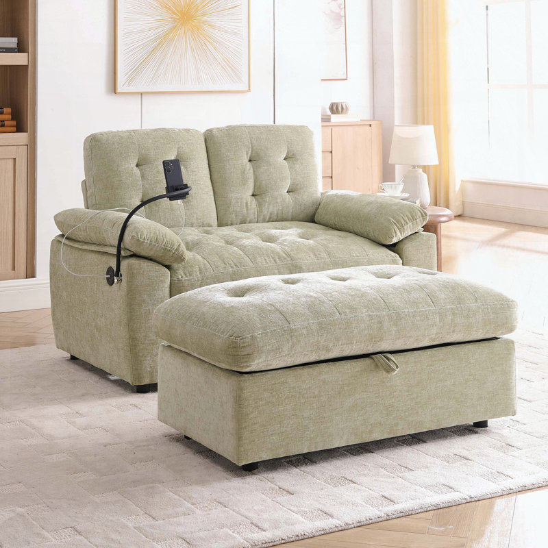 Double Recliner Sofa with USB Charging and Storage Ottoman, Cyan