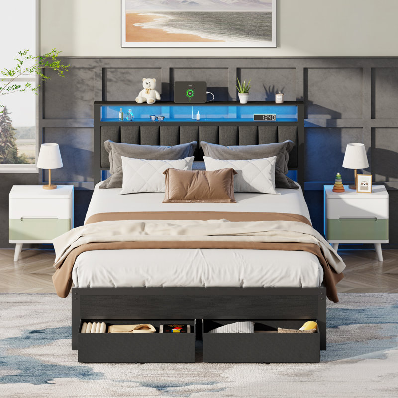 Upholstered Bed Frame with 2 Storage Drawers, Modern Queen Platform Bed with Charging Station & LED Light, No Spring Box Needed