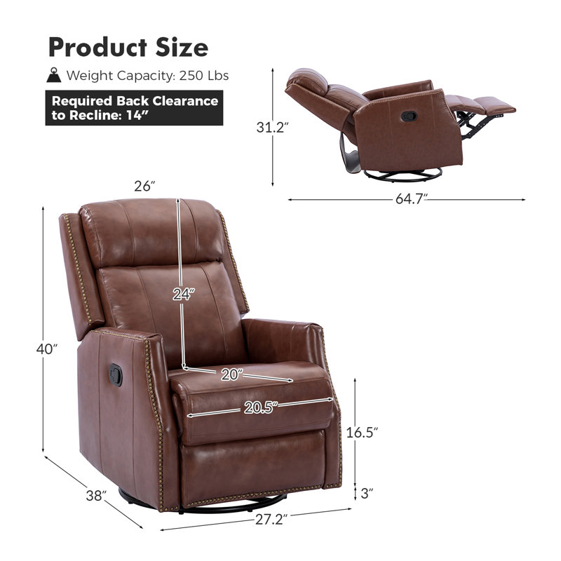 Fauteuil inclinable manuel pivotant en cuir véritable Caseville, Brun