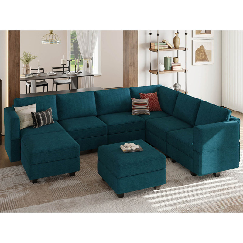 Kimbrel 116.6" Wide Reversible Modular Corner Sectional with Ottoman, Peacock Blue 100% Polyester