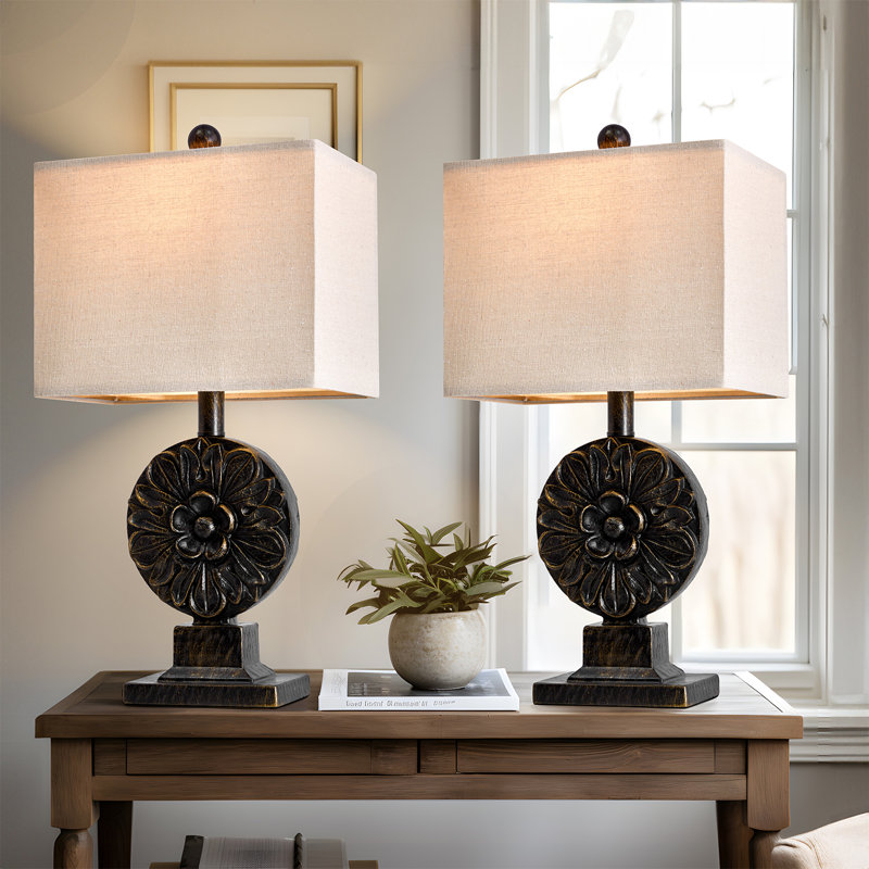 Black Resin Floral Table Lamp Set with Linen Shades