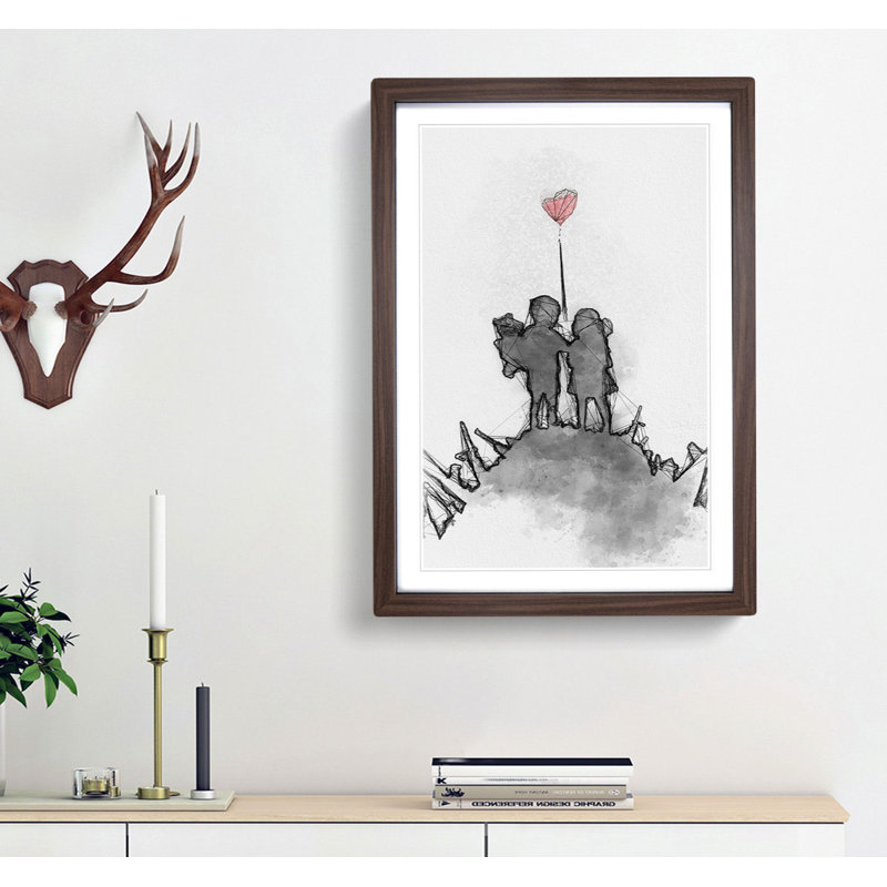 Boy & Girl with Red Balloon in Abstract - Picture Frame Painting Print, 87cm H x 62cm W x 2cm D, Walnut Framed